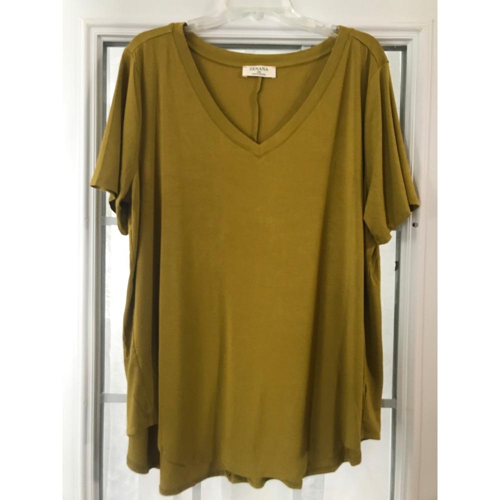 ZENANA 3X Olive Green V Neck Short Sleeve Tunic Top Rayon Spandex